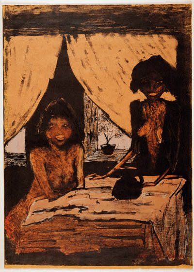 Zwei Zigeunermaedchen im Wohnraum - Twee zigeuner-meisjes in ... (litho) door Otto Muller or Mueller