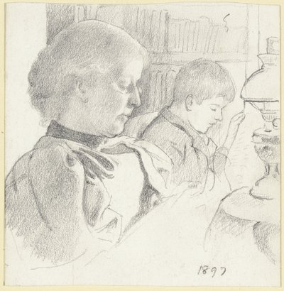 Luise Scholderer en Victor aan het lezen door Otto Scholderer