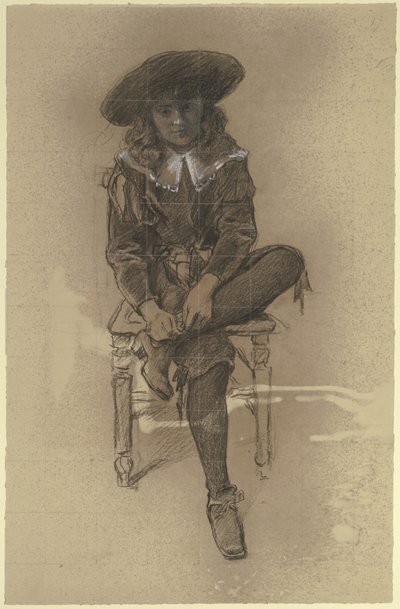 Zittende jongen in historisch kostuum uit de „Voorbereiding op het kostuumbal” door Otto Scholderer