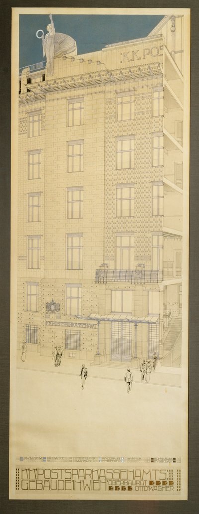 Ontwerp voor de wedstrijd van de Postspaarbank in Wenen ... (pen en zwarte inkt, blauw krijt, goudverf) door Otto Wagner