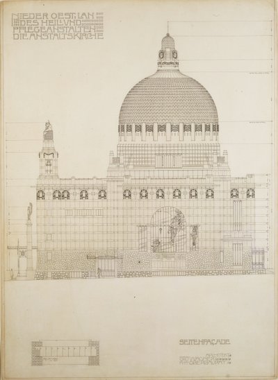 Schets voor de kerk van Steinhof, het centrale ziekenhuis voor geesteszieken in Wenen ... door Otto Wagner
