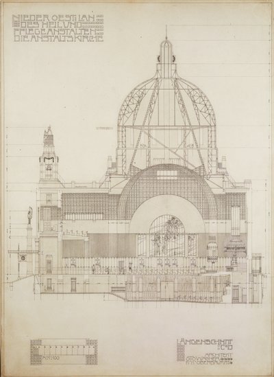Verticale projectie van de kerk van Steinhof, het centrale ziekenhuis voor geesteszieken in Wenen ... door Otto Wagner