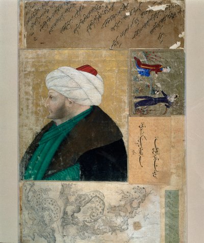 Portret van de Sultan van het Ottomaanse Rijk Mehet II (1430-1481) Turkse miniatuur uit het manuscript Ms. H. 2153, folio 145b. Eind 15e eeuw. Istanboel, Biblioteca Topkapi Sarayi door Ottoman School