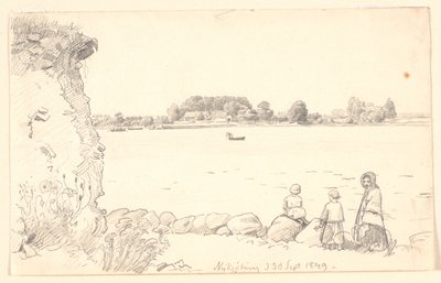Een dame en twee kinderen bij Guldborg Sund. Nykøbing Falster. door P.C. Skovgaard