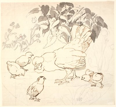 Hen met haar kuikens in een cirkelvormige compositie door P.C. Skovgaard
