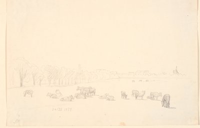 Koeien op de weide, op de achtergrond Tagens Molen door P.C. Skovgaard