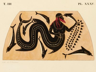 Afbeelding van de decoratie op een Griekse amphora, met Poseidon vergezeld door dolfijnen, ca. 1858 door P. Bineteau