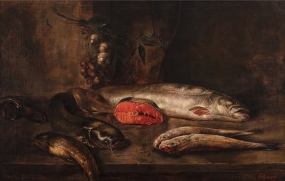 Een Stilleven van Vis met een Karper, Meerval, Zalm, Rode Mul, Paling en Schol op een Tafelblad met Hangende Knoflook en Sjalotten, dode vis, c.1775-1800 door P. Romney