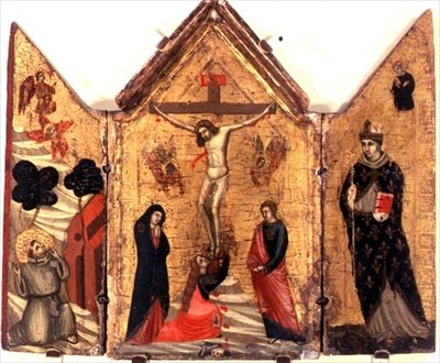 Kruisiging Drieluik met St. Franciscus die de Stigmata Ontvangt en St. Benedictus door Pacino di Bonaguida