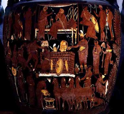 Apulische roodfigurige volute-krater, detail van het offer van Trojaanse gevangenen door Achilles bij de begrafenis van Patroklos, Grieks, uit Canosa, 4e eeuw v.Chr. door Painter Darius