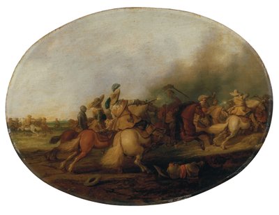 Een cavalerieschermutseling met een gevallen soldaat door Palamedes Palamedesz