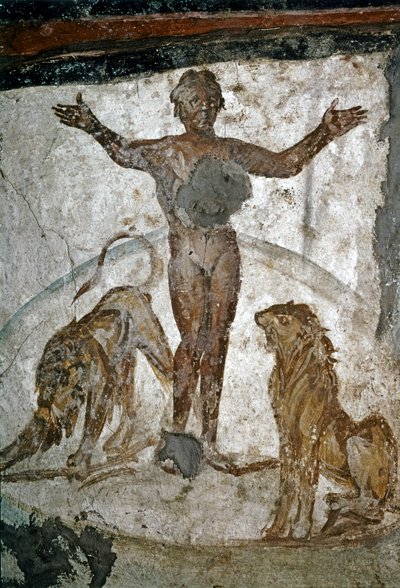 VROEGCHRISTELIJKE KUNST: Catacombe. Daniël in het hol van de leeuw, 4e eeuw (fresco) door Paleo Christian
