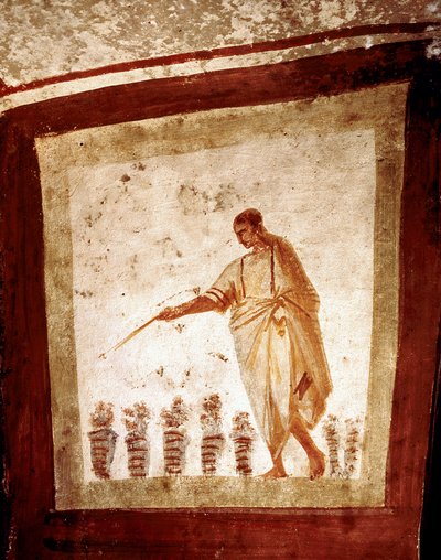 Vroegchristelijke kunst: De vermenigvuldiging van de broden en vissen. Catacombe van Via Anapo, Rome, Italië door Paleo Christian
