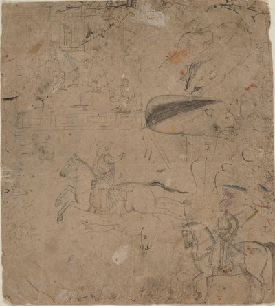 Pagina uit een Schetsboek met Heersers te Paard, Zwijnen en een Paleisscène, eind 18e eeuw door Pandit Seu