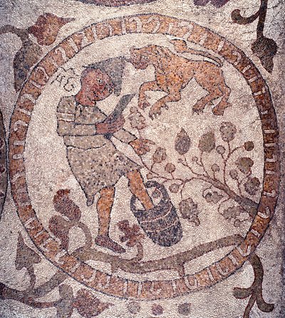 Augustus: een boer met een Frygische muts plukt de druiven en perst ze in een emmer. Het teken van de leeuw is representatief. Mozaïek van Pantaleone, priester en mozaïekmaker. 1163-1166. Centrale schip van de kathedraal van Otranto (Otranto), Italië door Pantaleon Pantaleon