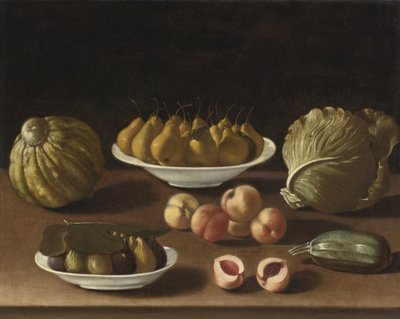 Stilleven met peren, perziken, vijgen, een meloen, kool en merg door Paolo Antonio Barbieri