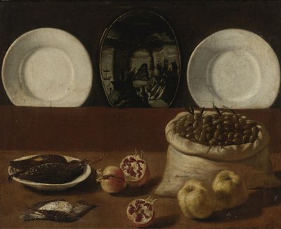 Stilleven met borden, een zak gevuld met olijven, wild, granaatappels en kweepeer door Paolo Antonio Barbieri