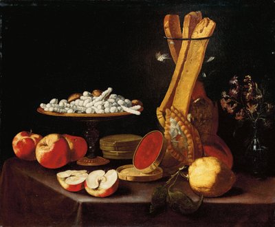 Snoepjes op een tazza, narcissen in een glazen vaas, broodstengels in een pot, en appels, gelei en een citroen op een gedekte tafel door Paolo Antonio Barbieri