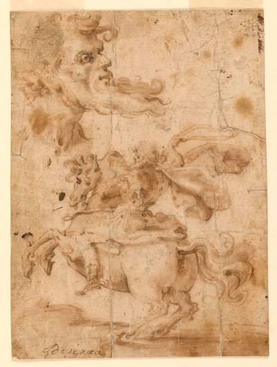 Tekening, Het hoofd van een man met een baard, een man te paard, ca. 1650 door Paolo Emilio Besenzi