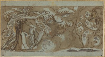 Ceres die Ascalaphus verandert in een vogel van het kwade voorteken (pen en bruine inkt met bruin gewassen, gehoogd met wit op blauw geschept papier) door Paolo Farinati