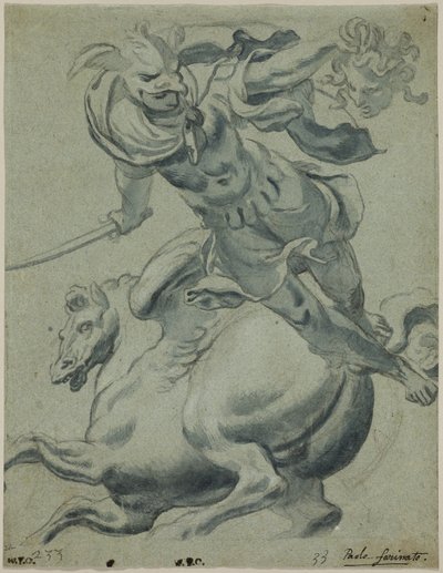Perseus houdt het hoofd van Medusa vast, met Pegasus op de achtergrond door Paolo Farinati