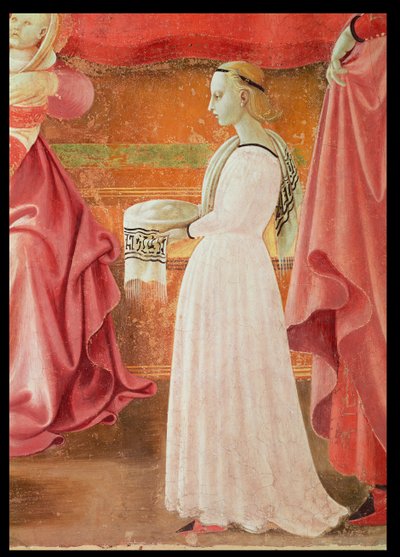 De Geboorte van de Maagd, staande dienstmeid, uit de fresco cyclus van De Levens van de Maagd en St. Stefanus (detail) door Paolo Uccello