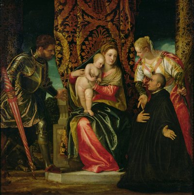 Maagd en Kind tussen St. Justine en St. George, met een Benedictijnse monnik door Paolo Veronese