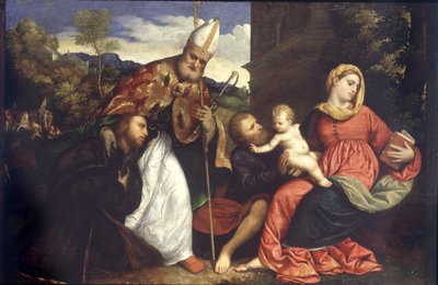 Heilige Familie met St. Ambrosius die een schenker presenteert door Paris Bordone