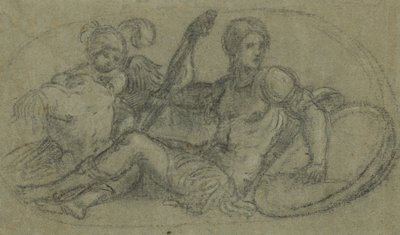 Zittende mannelijke figuur met putto en harnas door Paris Bordone