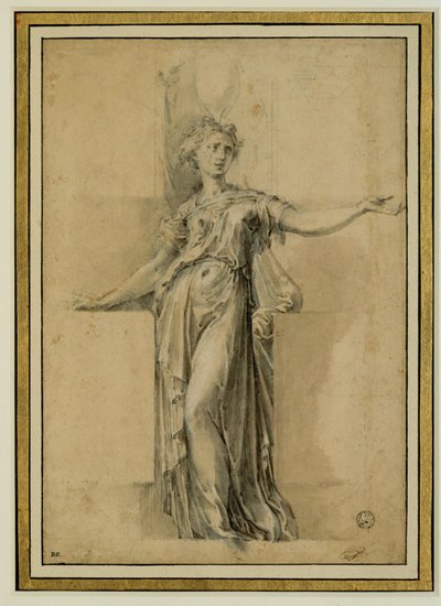 Een canephore. Bruine inkt, zwarte steen, gouache op beige papier ... door Parmigianino (1503-40)