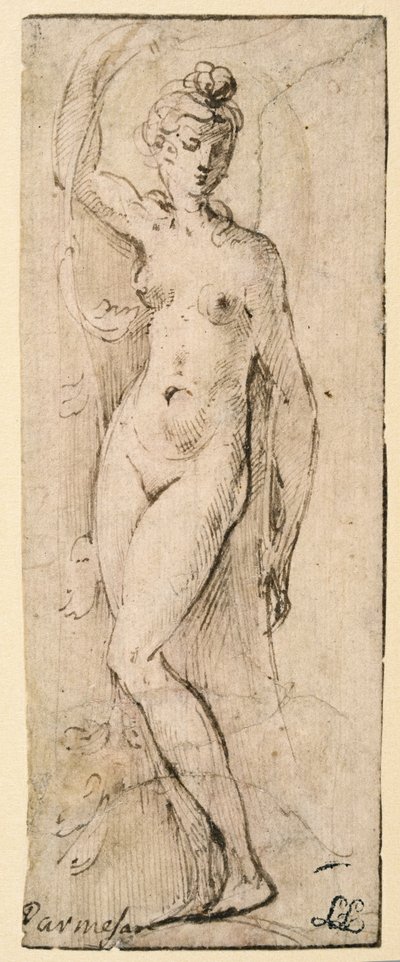 Vrouwelijke figuur - studie voor Santa Maria della Steccata, Parma (recto) door Parmigianino