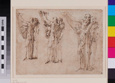 Drie studies van de heilige Hiëronymus en de heilige Franciscus in gesprek, recto ca. 1534 - 1539 (pen en bruine inkt met grijs gewassen papier) door Parmigianino (1503-40)