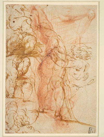 Verscheidene beenstudies van putti, naar binnen lopend mannelijk naakt, beenstudie en staande figuur door Parmigianino