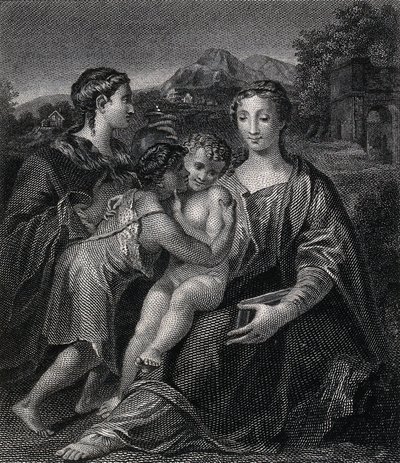 Heilige Maria (de gezegende Maagd) met het Christuskind, de heilige Johannes de Doper en de heilige Maria Magdalena. Gravure naar G.F.M. Mazzola, il Parmigianino. door Parmigianino
