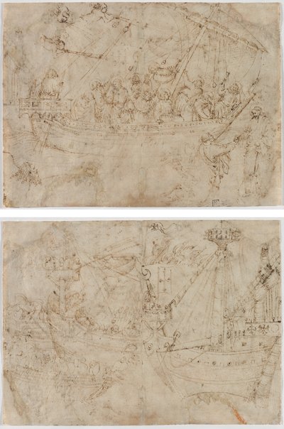 Navicella (recto) Twee tekeningen van schepen (verso) door Parri Spinelli