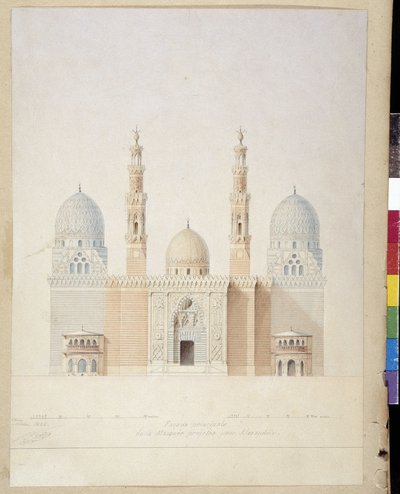 Architectuur: hoofdgevelproject van de moskee van Alexandrië, Egypte door Pascal Xavier (after) Coste