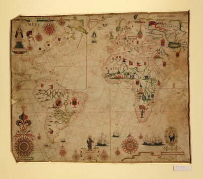 Een portolaankaart van de Atlantische Oceaan en aangrenzende continenten door Pascoal Roiz