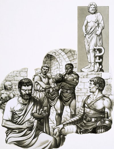Een arts bij de gladiatorenspelen lapt overlevenden op door Pat (1907-95) Nicolle
