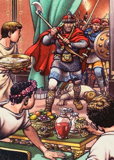 Barbaren vallen een Romano Brits diner binnen door Pat (1907-95) Nicolle