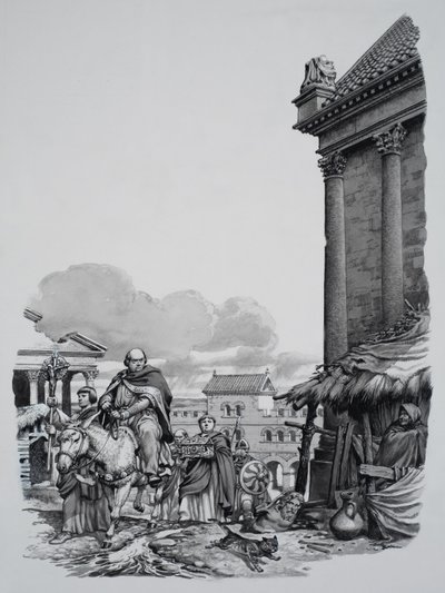 Bisschop Mellitus (geb. 624) bij aankomst in Londen (gouache op papier) door Pat (1907-95) Nicolle