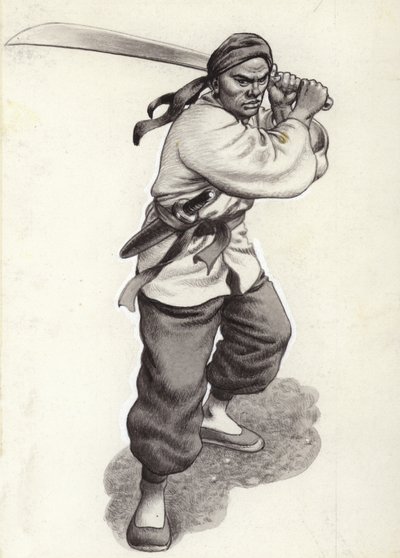 Chinese bokser krijger (gouache op papier) door Pat (1907-95) Nicolle