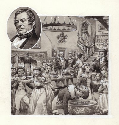 Kerstviering in het huis van een Engelse squre (gouache op papier) door Pat (1907-95) Nicolle