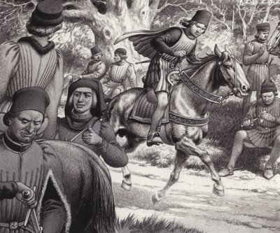 Samenzweerders kijken toe als Lorenzo de Medici voorbij rijdt (gouache op papier) door Pat (1907-95) Nicolle
