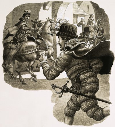 Gekleed als een van zijn onderdanen kroop Koning Hendrik III uit Krakau door Pat (1907-95) Nicolle