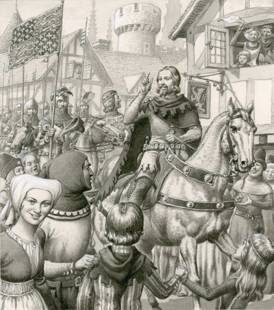 De triomfantelijke thuiskomst van Edward III (gouache op papier) door Pat (1907-95) Nicolle
