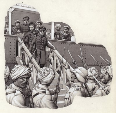 Frederick Tucker van het Leger des Heils arriveert in Bombay (gouache op papier) door Pat (1907-95) Nicolle