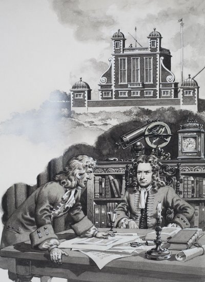 Halley die Newton ondervraagt (gouache op papier) door Pat (1907-95) Nicolle