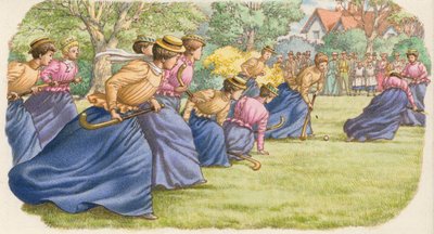 Hockey, gespeeld door vrouwen in lange rokken (gouache op papier) door Pat (1907-95) Nicolle