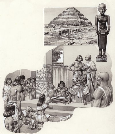 Imhotep "de goede arts" geeft advies aan een zieke man (gouache op papier) door Pat (1907-95) Nicolle
