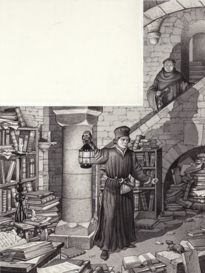 Poggio Bracciolini in de verwaarloosde bibliotheek van het klooster van St Gall (gouache op papier) door Pat (1907-95) Nicolle